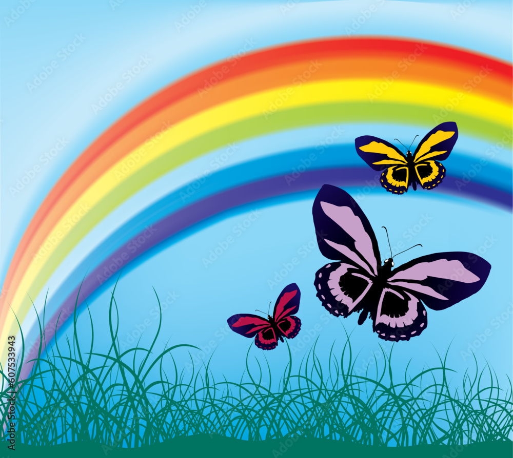 flying butterflies against the backdrop of a rainbow (mesh and vector)