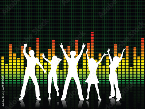 Silhouettes of people dancing on graphic equaliser background