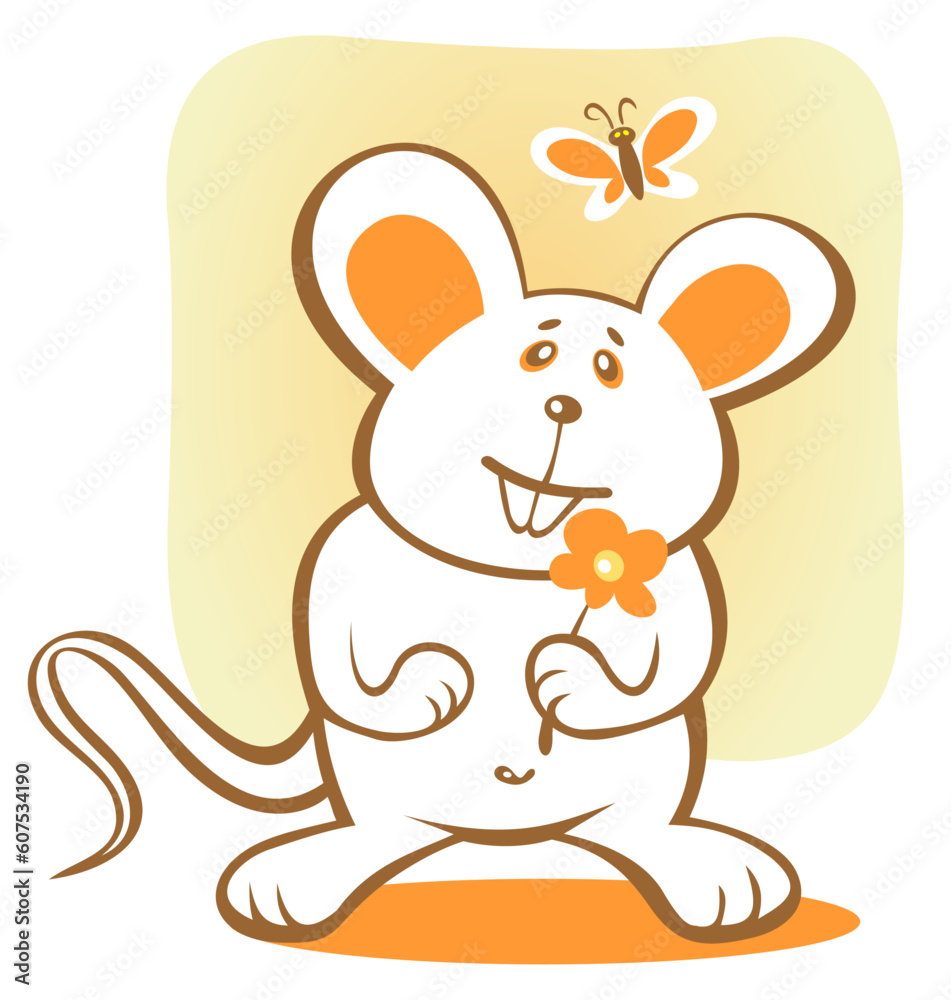 Cartoon happy mouse and flower on a yellow background. Cartoon happy mouse and flower on a yellow background.