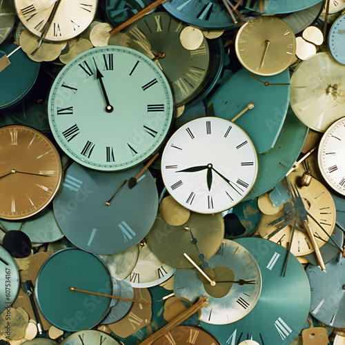 Many clocks on surface as time is money concept