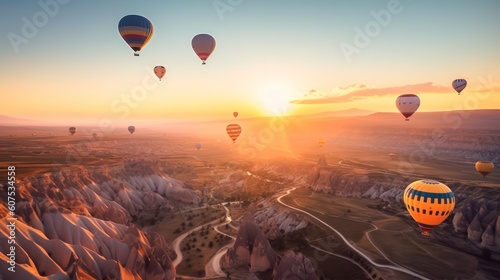 Hot air balloon tour over mountain landscape. Spring dawn . Generative AI