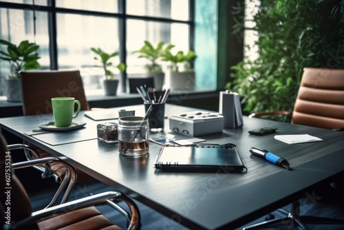 stock photo of office table in meeting room and stuff tools equipment  photography Generative AI