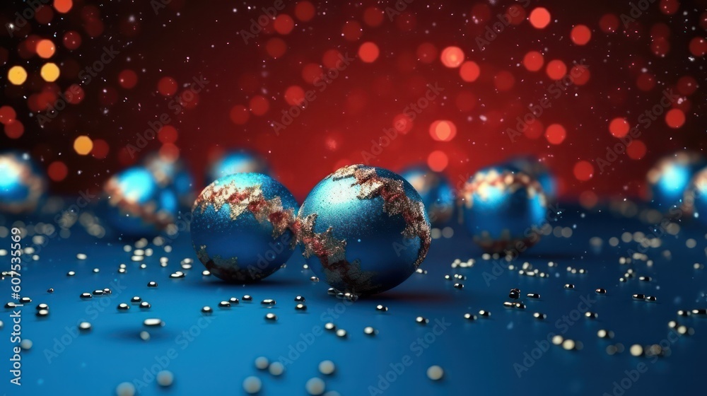 blue festive new year background or card with Christmas tree decorations with bokeh. Generative AI blue festive new year background or card with Christmas tree decorations with bokeh. Generative AI