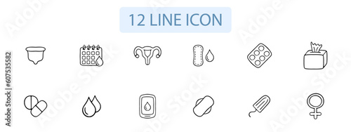 Essential feminine hygiene products for women's well-being and comfort. Pastel color background. Vector 12 line icon for business