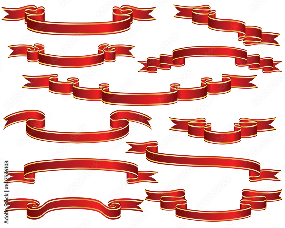 set of different red ribbons with golden stripes