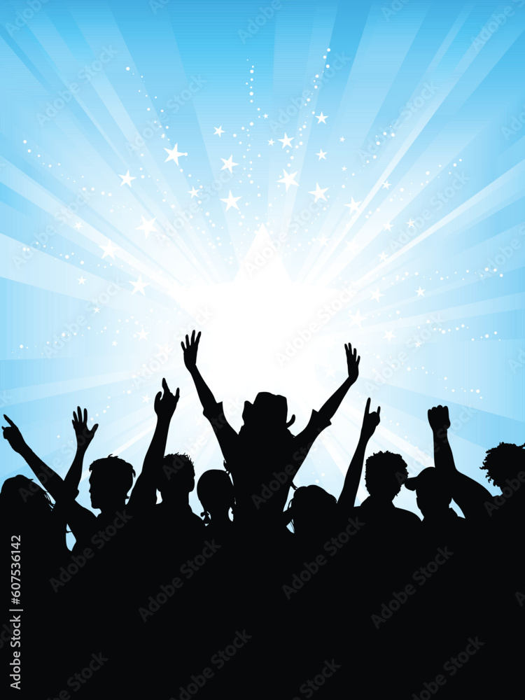 Excited crowd on starburst background Excited crowd on starburst background