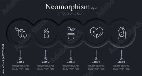Collection of vector icons representing ecological energy. Renewable energy, sustainability, green power, solar energy, wind energy. Neomorphism style. Vector line icon for Business