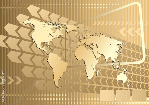 Large gold world map on an abstract background  conceptual business illustration. The base map is from Central Intelligence Agency Web site.