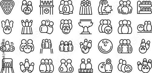 Skittles icons set outline vector. Sport game. Alley equipment