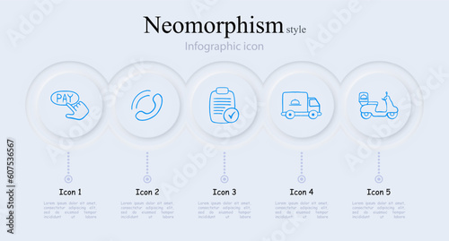 Set of vector icons representing delivery. Package, transportation, shipping, logistics, delivery truck, courier, parcel. Neomorphism style. Vector line icon for Business