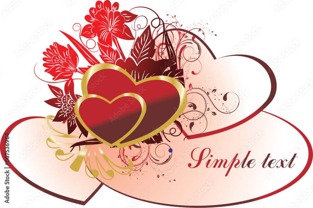 Two hearts in a gold frame against a vegetative ornament with the block for the text Two hearts in a gold frame against a vegetative ornament with the block for the text