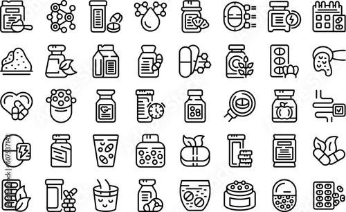 Dietary supplements icons set outline vector. Vitamin bottle. Capsule food