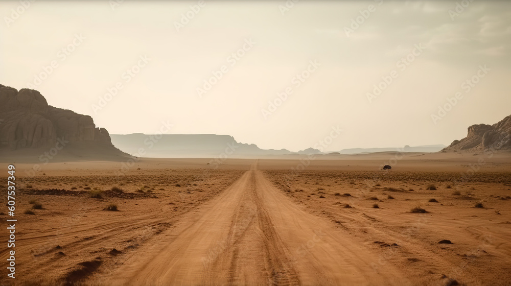 Landscape view of dusty road going far away nowhere, generative ai 