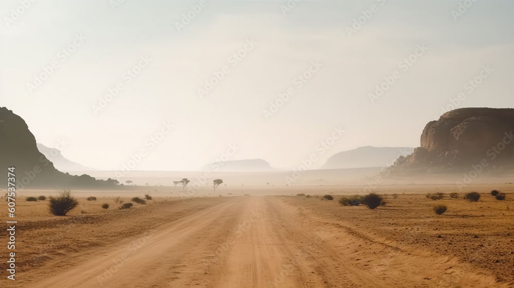 Landscape view of dusty road going far away nowhere, generative ai Landscape view of dusty road going far away nowhere, generative ai