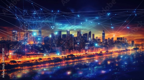 Smart city and communication network concept. Connection line and dot over city. Generative AI