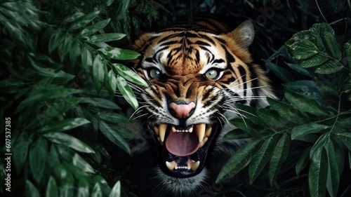 The roaring tiger face behind the green leaf. Generative AI