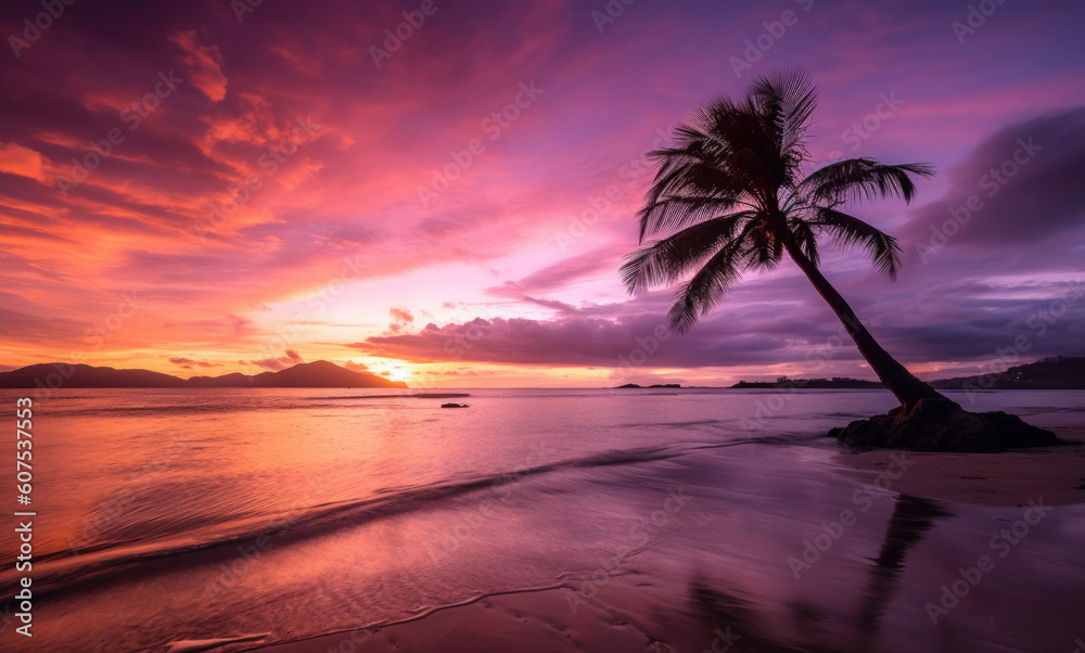 Palme am Meer mit Sonnenuntergang und Strand - Leuchtende Farben mit Platz für Text oder Produkt