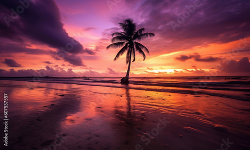 Palme am Meer mit Sonnenuntergang und Strand - Leuchtende Farben mit Platz für Text oder Produkt © Karat