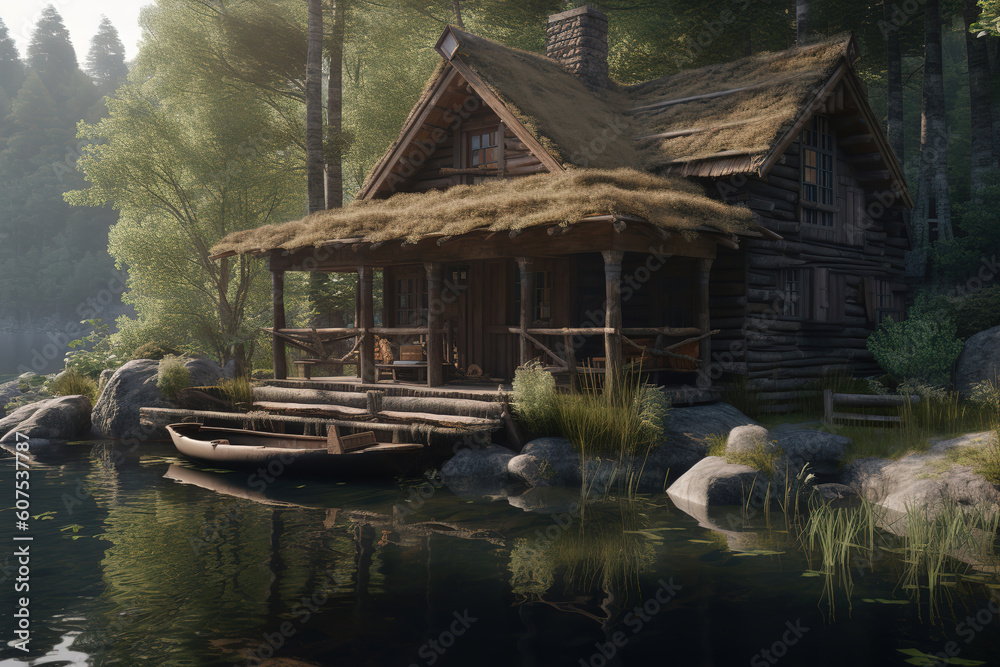 Fototapeta premium small cabin sitting on a dock next to a body of water, generative ai 