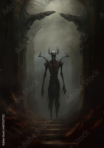 skeleton with horns is standing near an archway, generative ai 