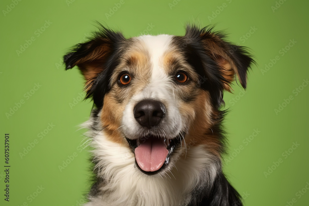 studio headshot portrait of brown white and black medium mixed breed dog smiling against a green background, generative ai 