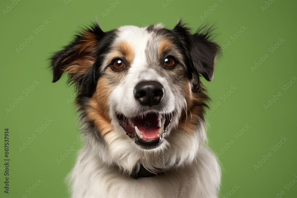 studio headshot portrait of brown white and black medium mixed breed dog smiling against a green background, generative ai 