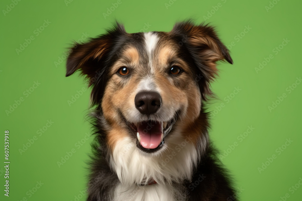 studio headshot portrait of brown white and black medium mixed breed dog smiling against a green background, generative ai 