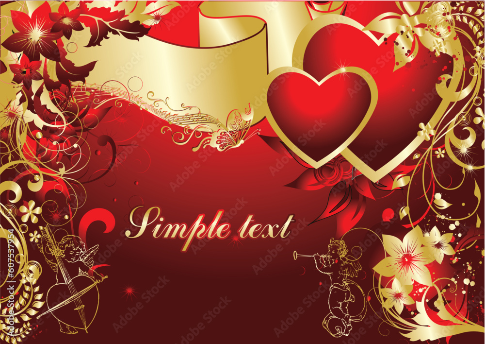 Pair of hearts on a red background in an environment of a vegetative ornament and cupids