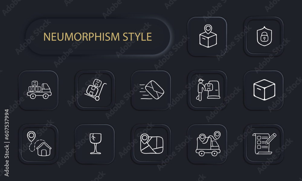 Collection of vector icons representing product delivery. Fast, efficient, logistics, shipping, transportation, courier, package, delivery truck. Neomorphism style. Vector line icon for Business Collection of vector icons representing product delivery. Fast, efficient, logistics, shipping, transportation, courier, package, delivery truck. Neomorphism style. Vector line icon for Business