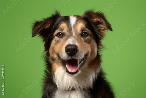 Fotografiet studio headshot portrait of brown white and black medium mixed breed dog smiling