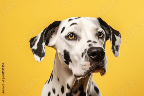 studio headshot portrait of Dalmatian dog looking forward against a yellow background, generative ai  © vvalentine