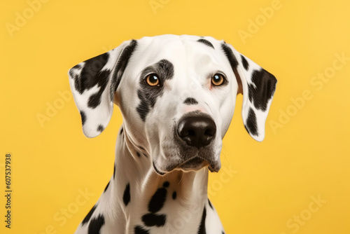 studio headshot portrait of Dalmatian dog looking forward against a yellow background, generative ai 