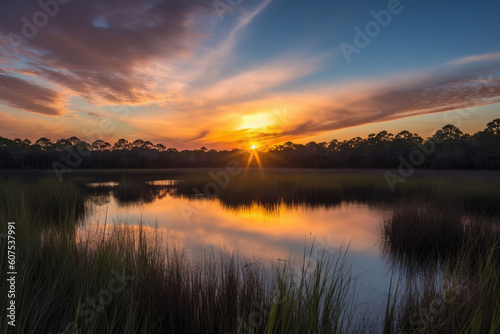 Sunset view of wetlands, generative ai 