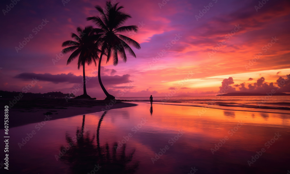 Palmen am Meer mit Sonnenuntergang und Strand und Person im Hintergrund - Leuchtende Farben mit Platz für Text oder Produkt