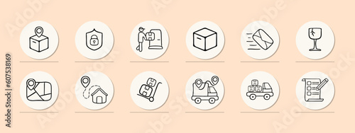 Collection of vector icons representing product delivery. Fast, efficient, logistics, shipping, transportation, courier, package, delivery truck. Pastel color background. Vector line icon for business