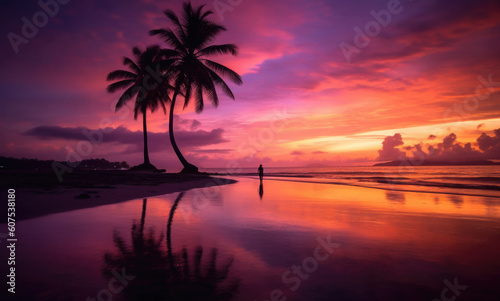 Palmen am Meer mit Sonnenuntergang und Strand und Person im Hintergrund - Leuchtende Farben mit Platz für Text oder Produkt