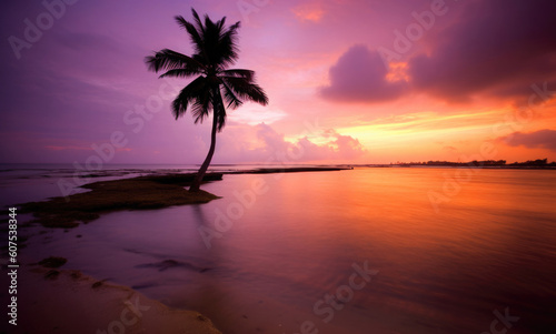 Palme am Meer mit Sonnenuntergang und Strand - Leuchtende Farben mit Platz f  r Text oder Produkt