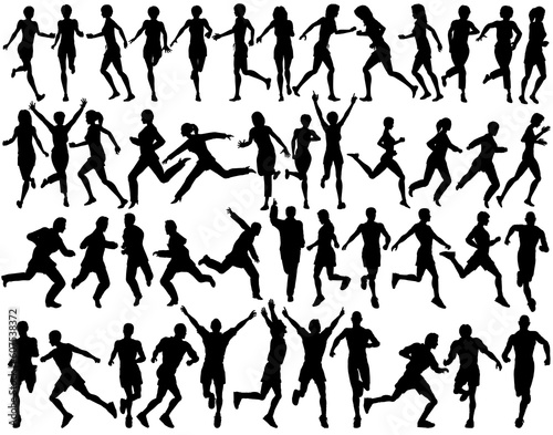 Set of editable vector silhouettes of people running