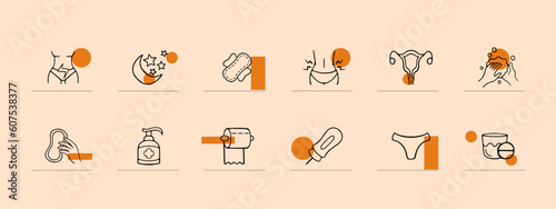 Set of vector icons representing the menstrual cycle. Menstruation, period, fertility, ovulation, menstrual products, calendar, cycle tracker. Pastel color background. Vector line icon for business