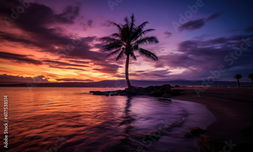 Palme am Meer mit Sonnenuntergang und Strand - Leuchtende Farben mit Platz für Text oder Produkt