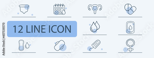 Set of vector icons representing menstrual cycle. Period, menstruation, feminine hygiene, sanitary pad, tampon. Pastel color background. Vector 12 line icon for business