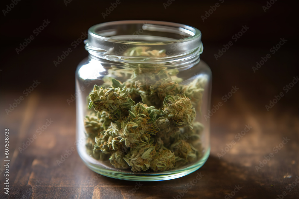 Generative AI illustration of open glass jar filled with fresh cannabis buds placed on wooden table Generative AI illustration of open glass jar filled with fresh cannabis buds placed on wooden table