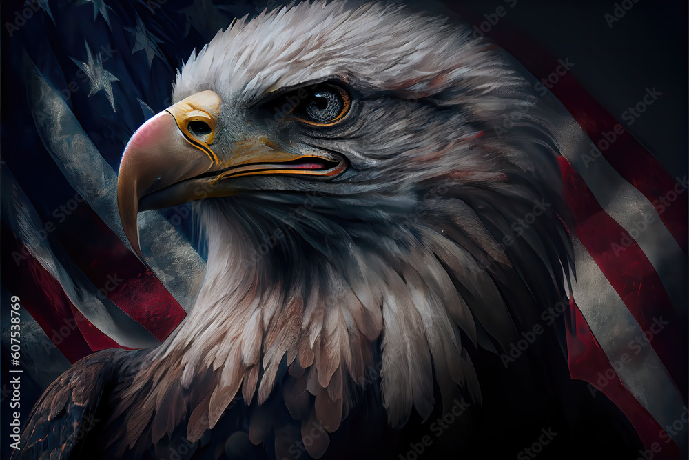 Fototapeta premium Generative AI illustration of side view head of bald eagle with pointed beak against flag of USA in darkness