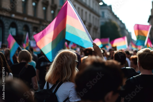 Generative AI of crowd of people with transgender flags at LGBTQ parade in city during sunny day photo