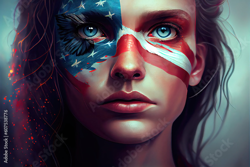 AI generated illustration of woman with American flag painted on face and red lips looking at camera with blue eyes