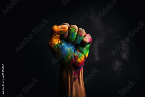 Generative AI illustration of raised male fist painted in rainbow colors showing respect and support for LGBT community against black background