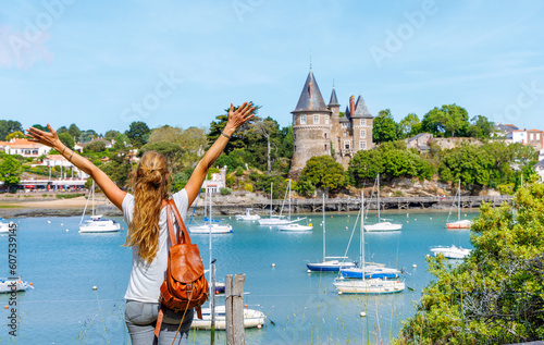 Tour tourism in France.- Pornic castle, beach and harbor- Loire-Atlantique,  Pays de la Loire