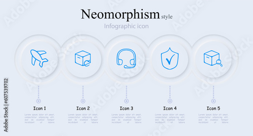 Collection of vector icons representing product delivery. Fast, efficient, logistics, shipping, transportation, courier. Neomorphism style. Vector line icon for Business