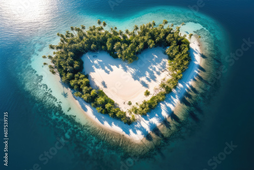 Aus der Luft betrachtet, enthüllt eine romantische karibische Insel ihre Herz förmige Kontur, umrahmt von blauem Meer, weißem Strand und schattenspendenden Palmen. © Karat
