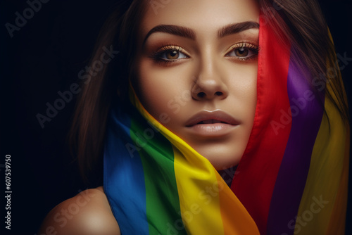 Expressive Generative AI pride photo of lesbian woman with rainbow flag patterns. Inclusive society with equal rights. Pride day month celebration of diversity and inclusion. 